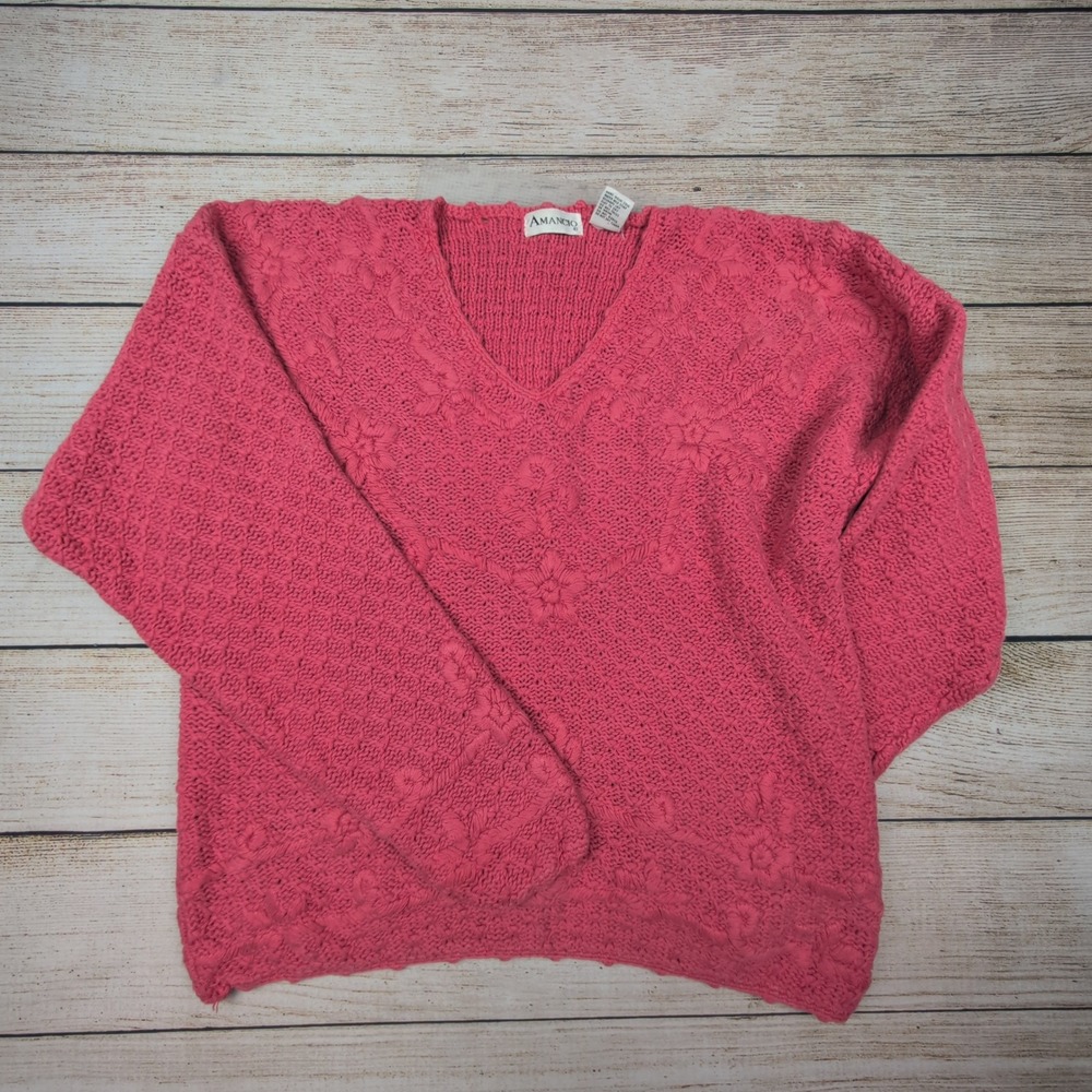 Pink Ramie Knit Sweater | Chunky Textured floral Boho Cottagecore‎ Pullover